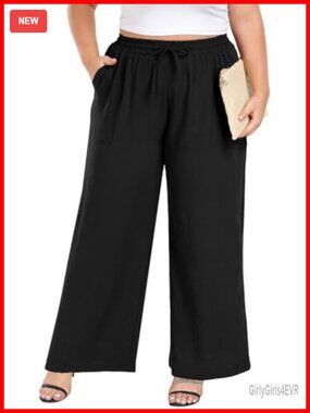 Women's Plus Size Wide Leg Palazzo Pants High Waist Drawstring Pockets